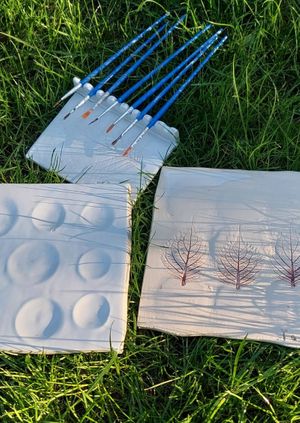 Artist’s Palette & Paint Brush Holder - rolled white clay  & slab method