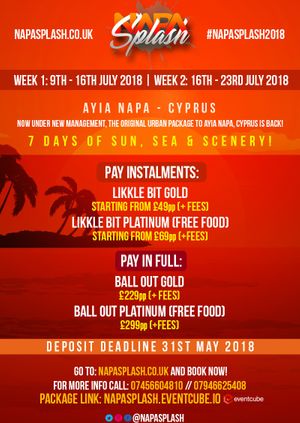 Napa Splash Events Package | WK1: 9th - 16th July | WK2: 16th - 23rd July