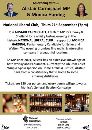 Whisky tasting evening with Alastair Carmichael MP and Monica Harding