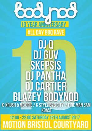 Bodynod 10 Year Anniversary: All Day BBQ Rave: DJQ, DJ Guv, Skepsis, DJ Pantha